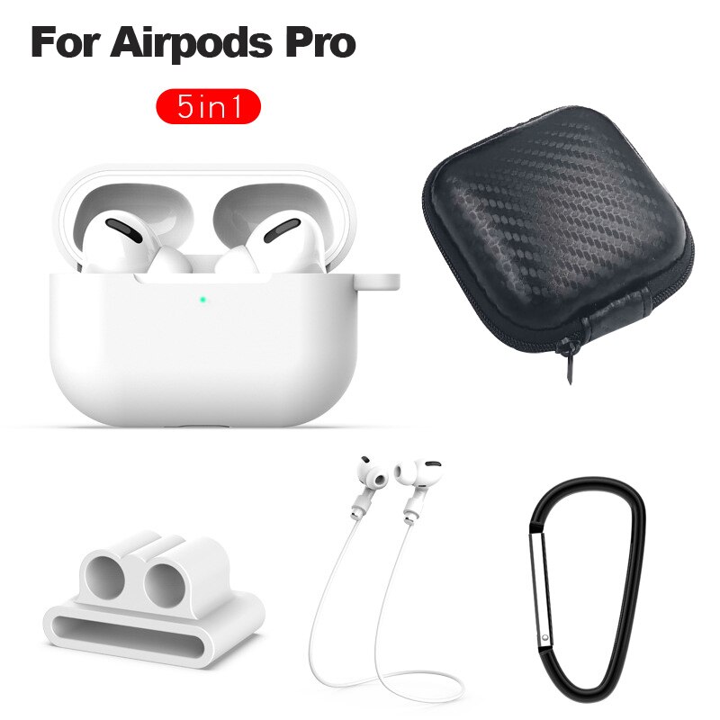 6 In-1 Case Lanyard Karabijnhaak Beschermhoes Voor Airpods 2 3 Hoofdtelefoon Siliconen Cover Voor Air Pods 2 3 Pro Case Accessoires Doos: white for airpod pro