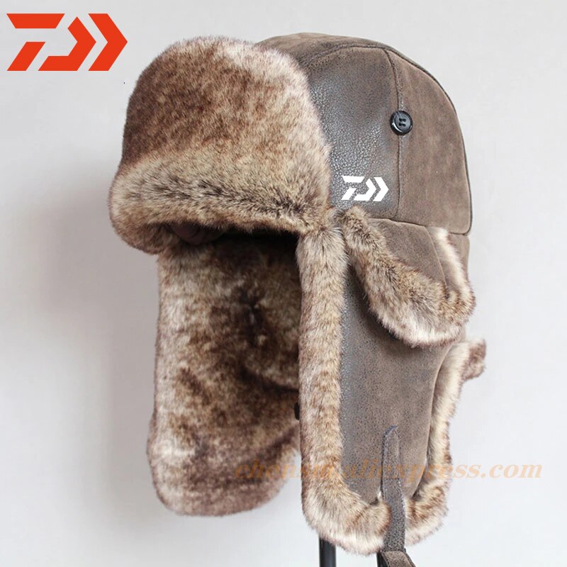 Daiwa Winter Bomber Hats Winter Fishing Men Warm Skiing Outdoor Hat with Ear Flap Pu Leather Fur Trapper Cap Earflap: brown / M