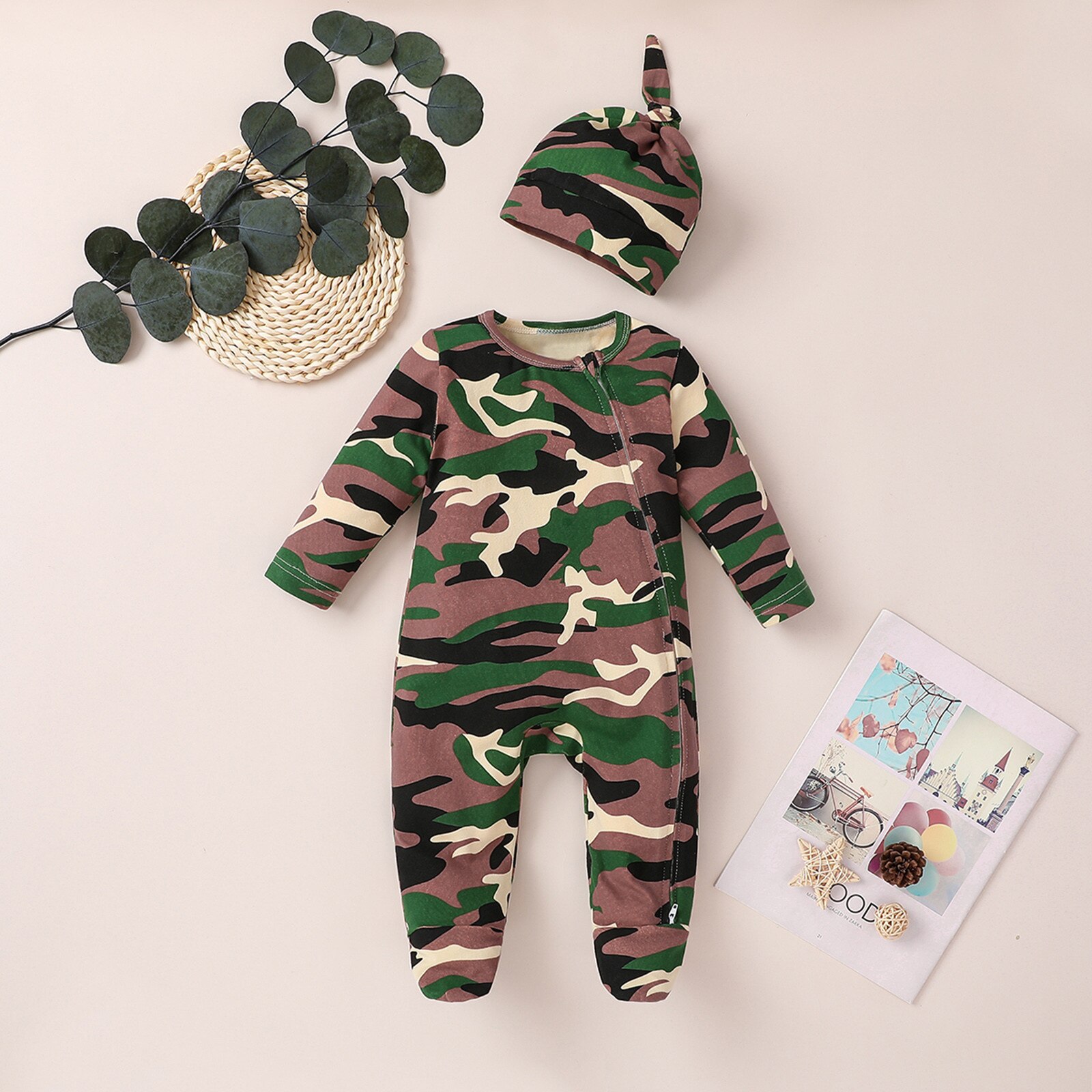 spring fleece baby rompers coats infant clothes withlovely camo jumpsuits+Hat baby boys clothing home