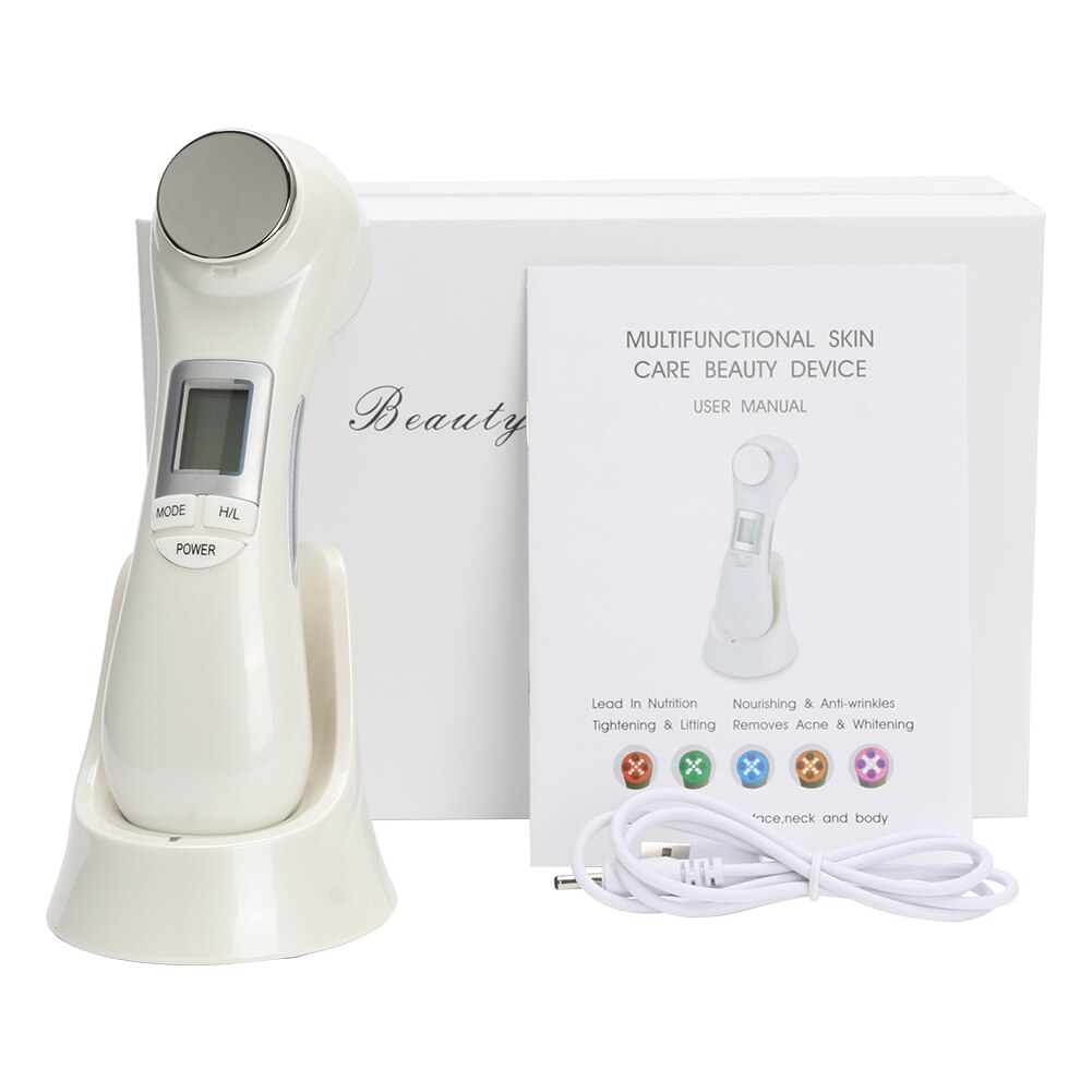 6 in1 LED RF Photon Therapy Facial Skin Lifting Rejuvenation Face Massage Machine EMS Ion Microcurrent Mesotherapy Beauty Device: White WITH BOX
