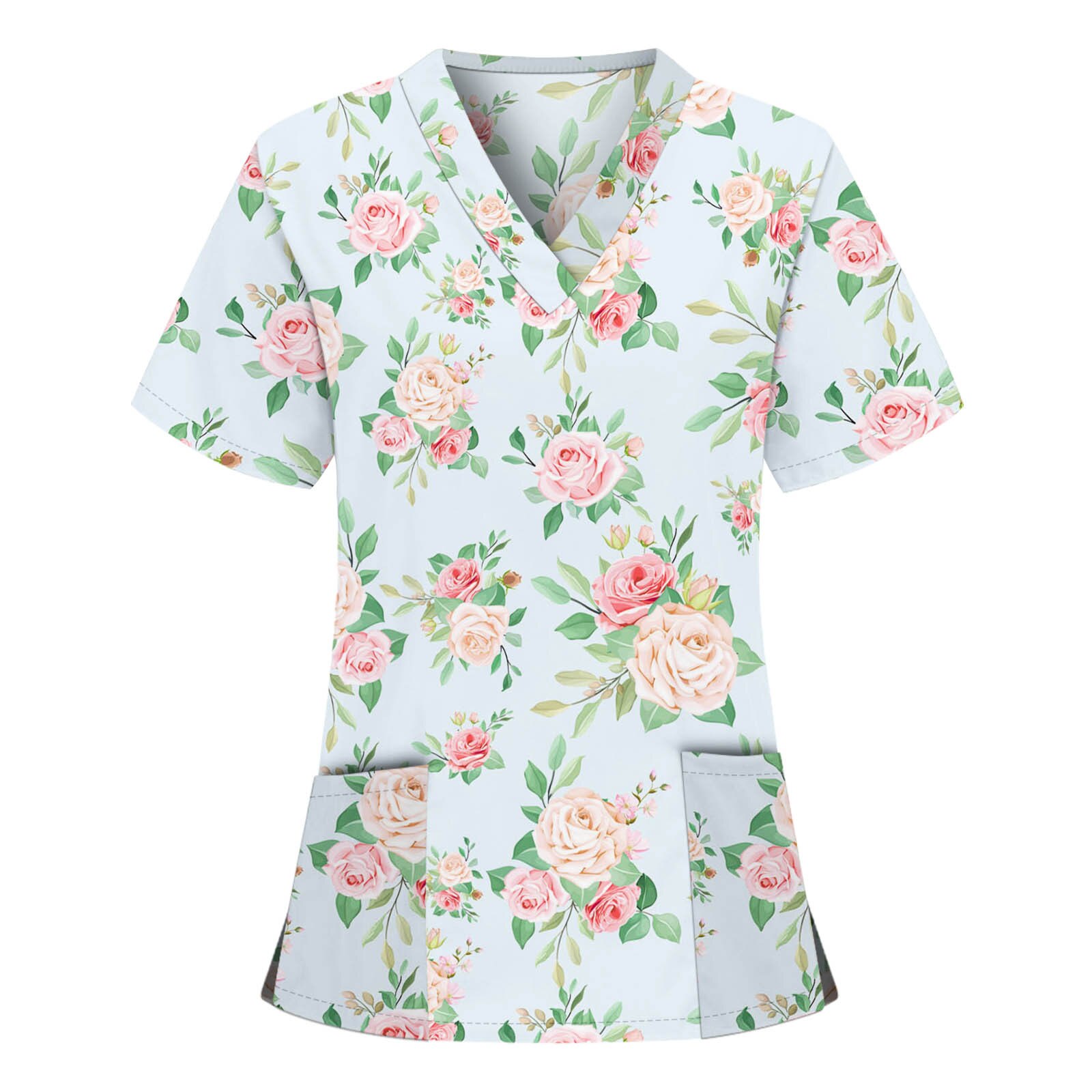 Women Blouse Nurse Scrubs Top Short Sleeve V-neck Floral Pattern Tops Nursing Working Uniform Blouse Ropa Floral Mujer Uniforme: M