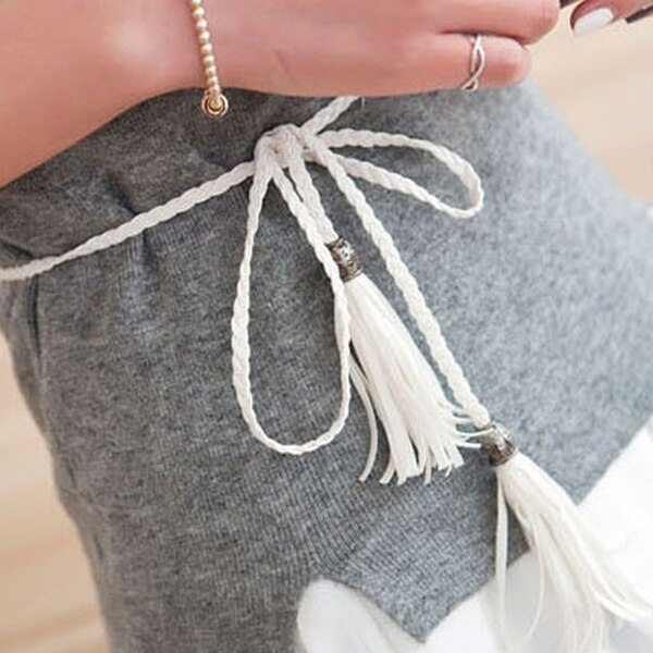 Cinturón de cuerda de cintura estrecha para mujer, sencillo, de cuero PU, con borlas trenzadas, vida diaria, 1 ud.