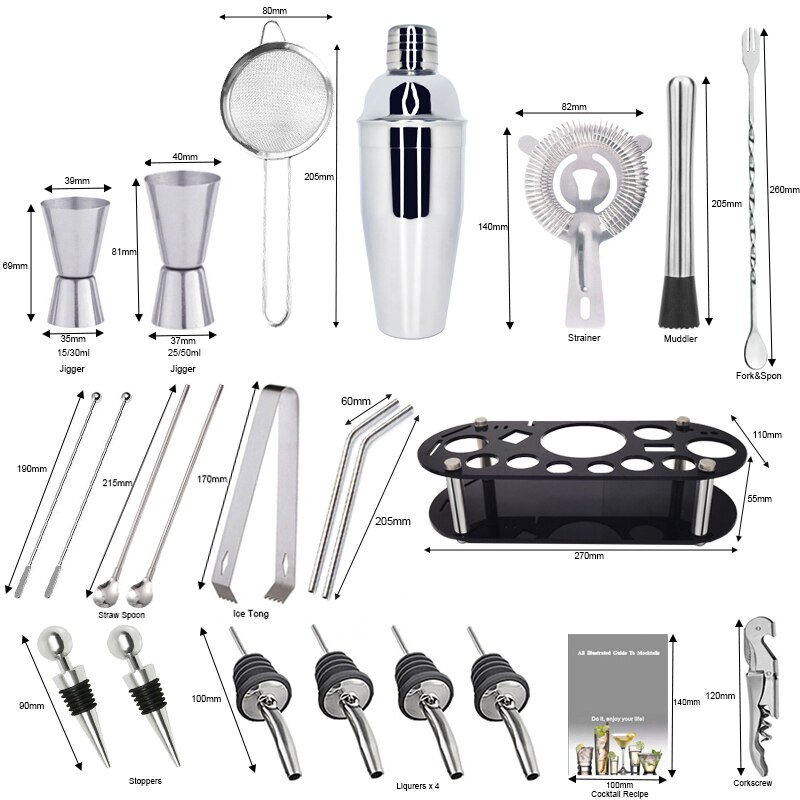 1-22Pcs Boston Cocktail Shaker Bar Gereedschap Wijn Mixer Set Barman Cocktail Shaker Tool Kit Schenker Jigger Warhoofd met Houder