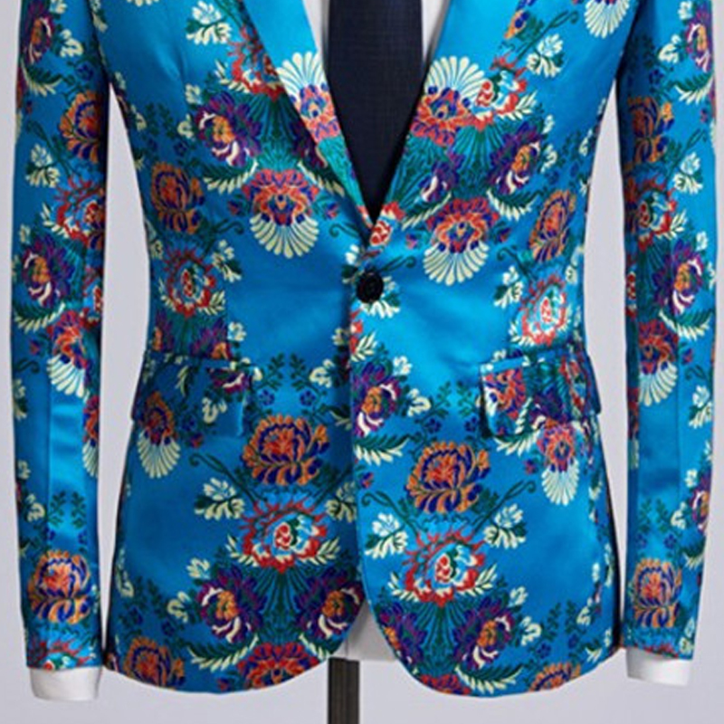 Men's Floral Print Suit Jacket One Button Lapel Lake Blue Slim Casual Suit Prom Party Dedicated Suit Jacket