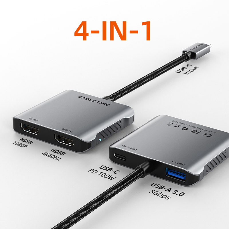 CABLETIME Centrum USB-C 4 w 1 MST z obsługą 4K60Hz, 5Gbps, PD100W, kompatybilny z MacOS, obsługa dwóch ekranów, dokujący adapter robić komputera prochowiec.