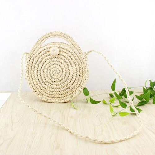 Fashion Women Straw Bag Woven Round Handbag Purse Crossbody Summer Beach Bags: Beige