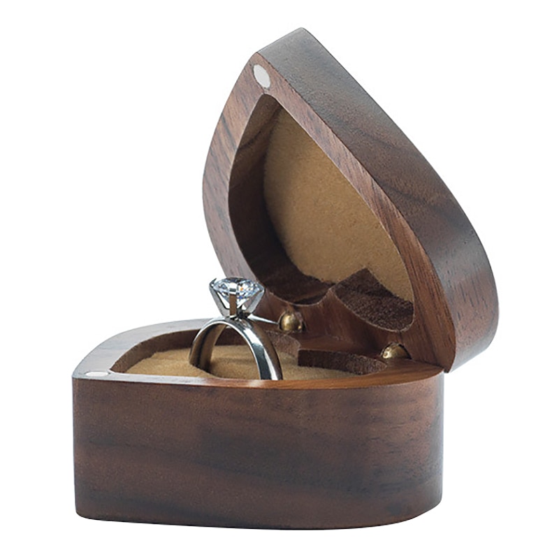 HLZS-Love Heart Shape Walnut Wooden Ring Box Solid Wood Decorative Jewellery Storage Box Engagement Box Proposal Anniversary Gif