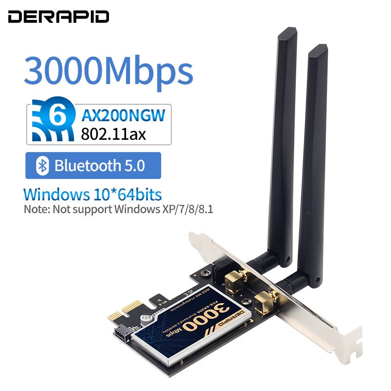 Wireless Dual band 3000Mbps WiFi 6E Intel AX210 Bluetooth 5.2 PCIe Desktop Wireless Adapter 802.11ax/ac 2.4G 5G AX210NGW Newtork: PCE-AX200