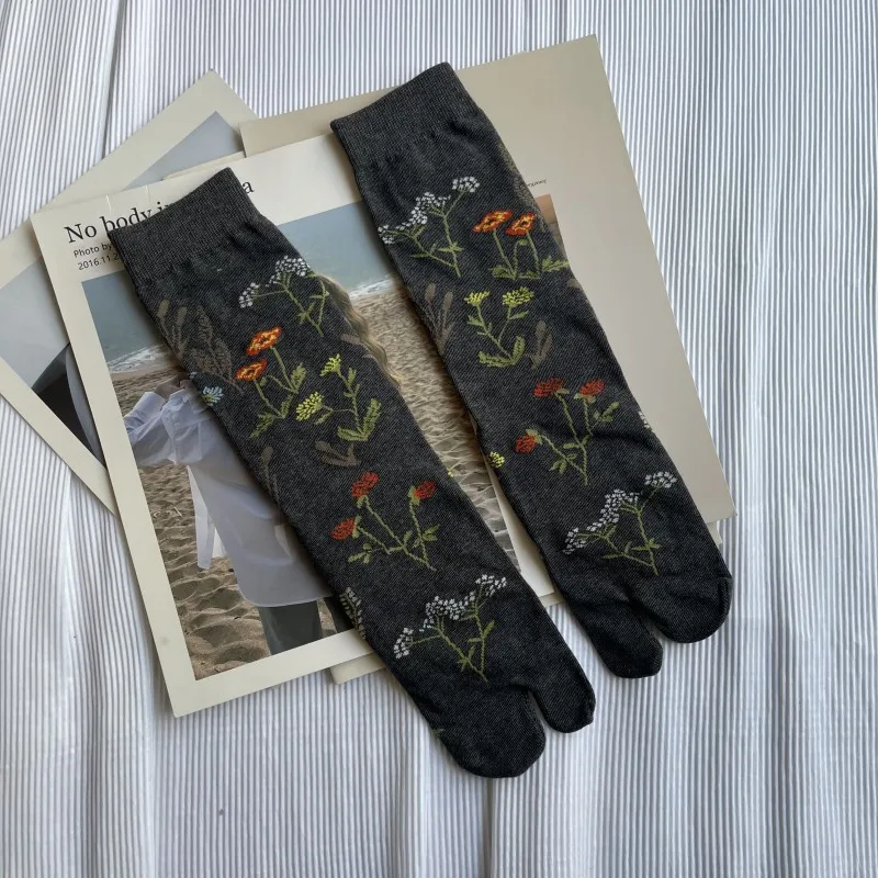 Calcetines elegantes Retro de algodón peinado con punta abierta para mujer, medias suaves con patrones florales de plantas, Harajuku japonés de dos dedos, Tabi Sox: Azul