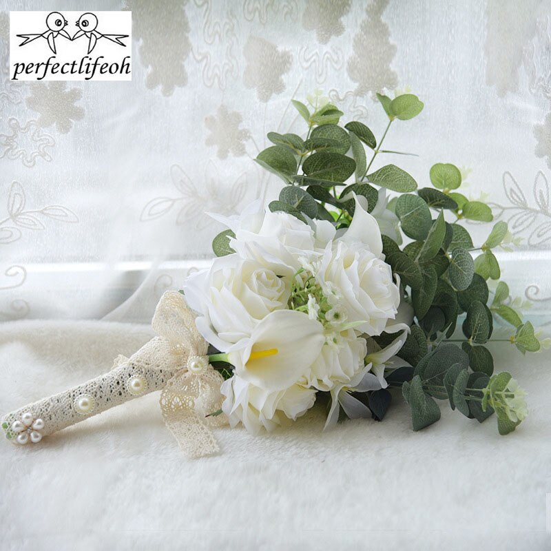 perfectlifeoh Beautiful Artificial Flowers Ivory/Yellow Calla Lily Long Flower Bouquet Wedding Bouquet bridal bouquets