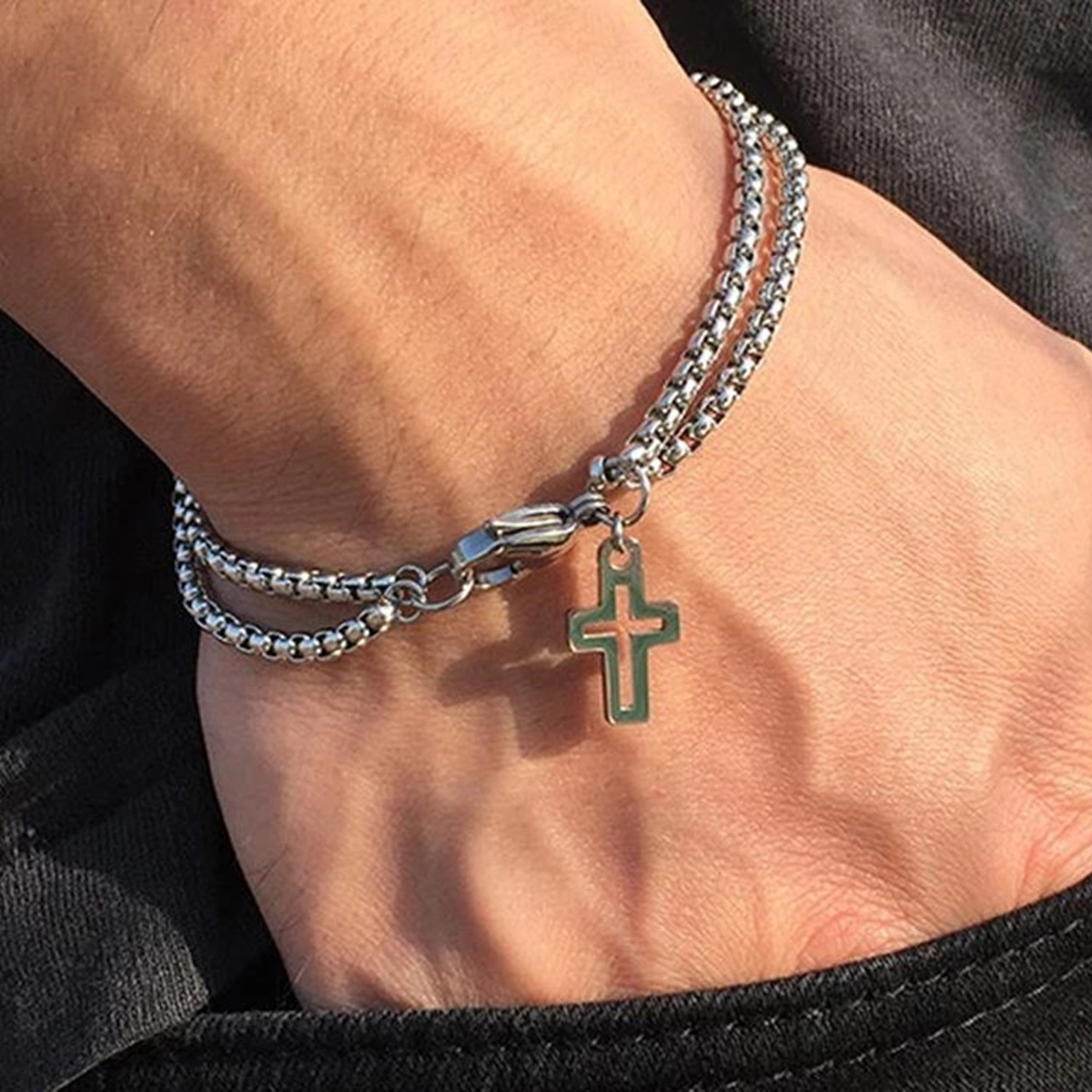 Pulsera de muñeca hueca cruzada de doble cadena a la para hombre, hebilla de garra de langosta, pulsera de acero inoxidable, joyería de Punk de Hip Hop