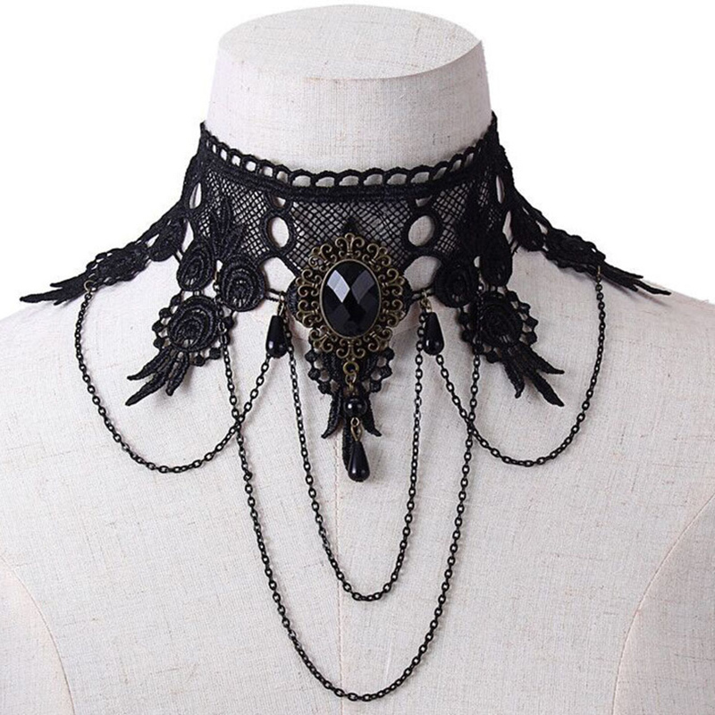 Gothic Victorian Black Lace Necklace Women Girl Boho Crystal Tassel Sexy Choker Steampunk Dark Loli Style Halloween Jewelry
