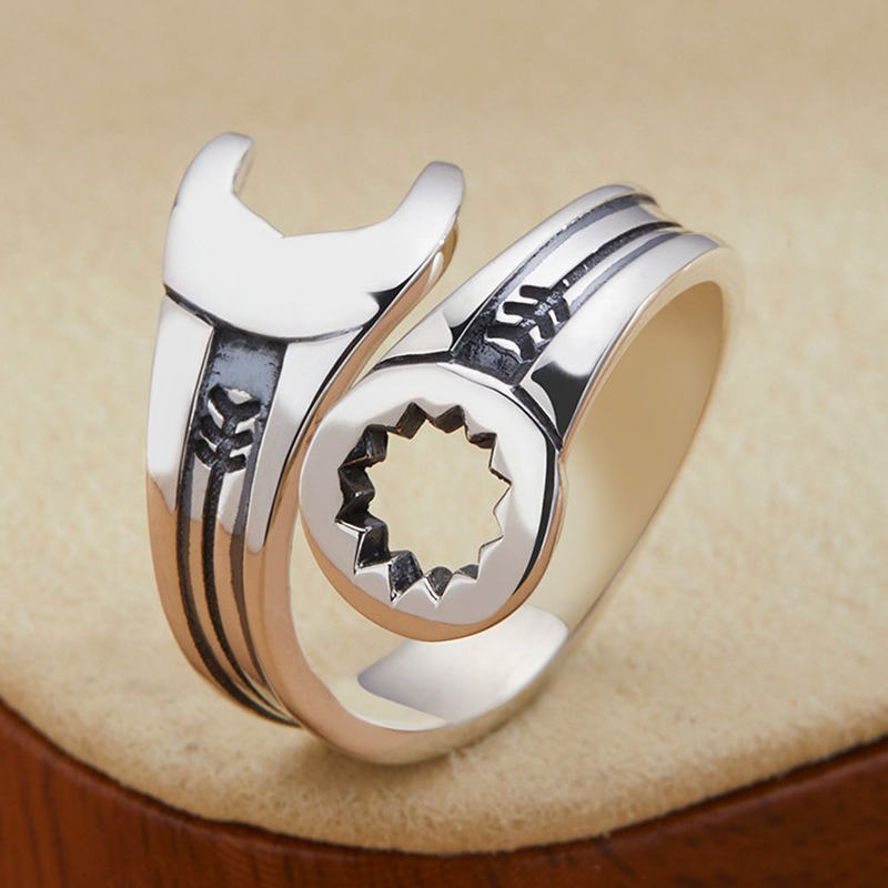 Anillo abierto de plata 925, llave inglesa Punk, geométrico, asimétrico, apilable para mujeres y hombres, joyería de ,