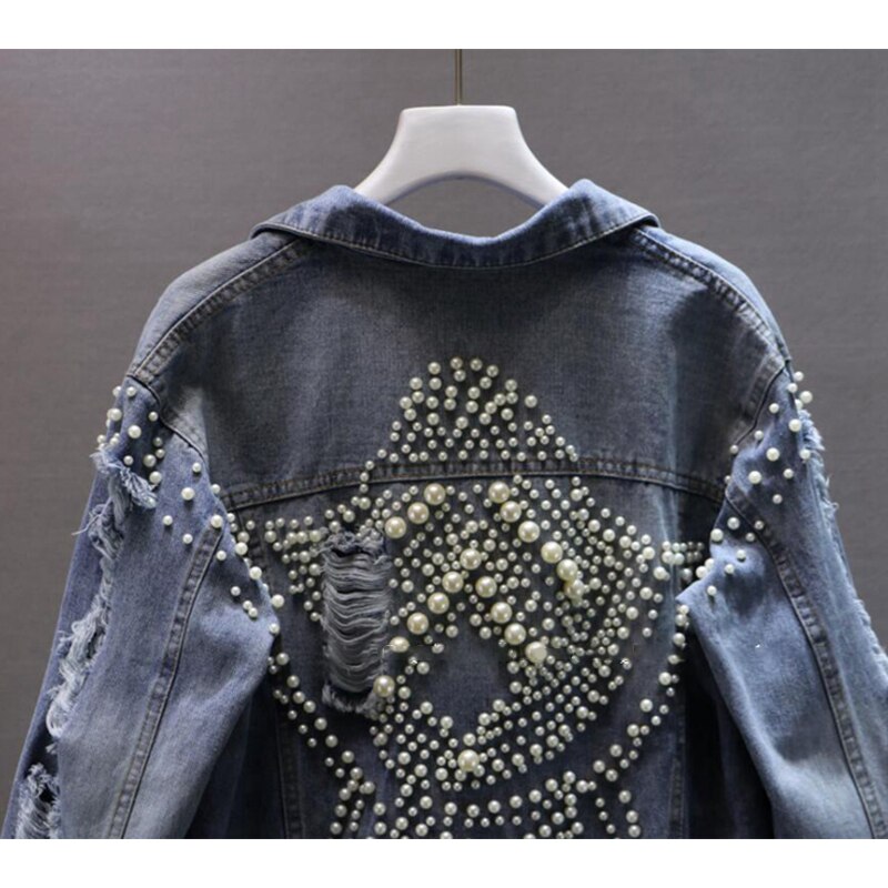 Vintagekvinnor coola flossade hål pärlor pärlstav denimjacka lösa jeansjackor rockar kvinnliga streetwear ytterkläder chaqueta mujer