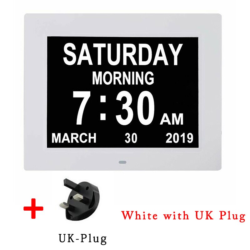 8 idiomas digital dia relógio led calendário dia/semana/mês/ano despertador para idosos demência visão deficiência decoração da casa: white with UK Plug