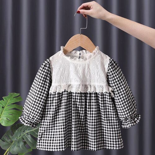 Leuke Vallen Kleren Zwarte Plaid Meisjes Blouse Lace Hollow Patchwork Fall Kleding Ruches Mouwen Katoen Tops Peuter Meisje Blouse: 80cm