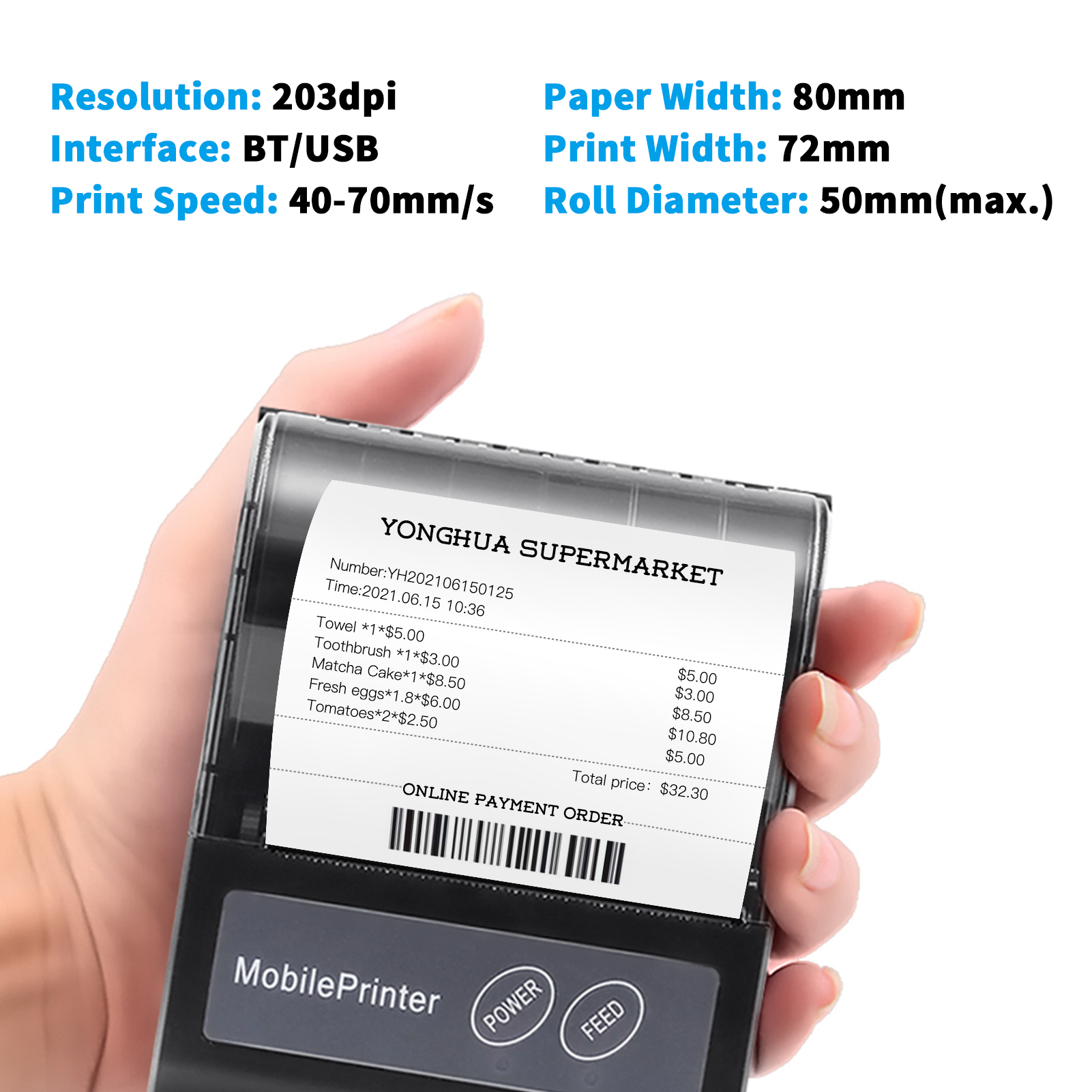 Aibecy – imprimante thermique pour tickets de caisse, Portable, avec batterie Rechargeable, 80mm, compatible ESC/POS