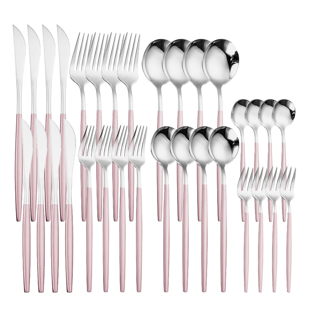 Pink Gold 32Pcs Cutlery Set Stainless Steel Dinnerware Mirror Resueable Luxury Home Knife Spoon Fork Tableware Set Flatware Set: pink silver 4sets