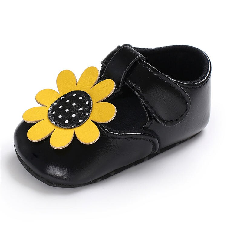 Meisjes zomer baby sandalen gele zonnebloem zachte zool buiten prinses bruiloft feest peuter baby eerste loopschoenen schoenen: Zwart / 0-6 maanden