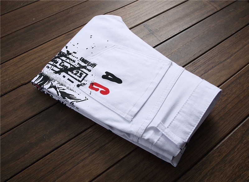 Streetwear Graffiti Jeans Men Elastic Denim Pants Trousers Hip Hop Casual Print Pant White Slim Fit BP016