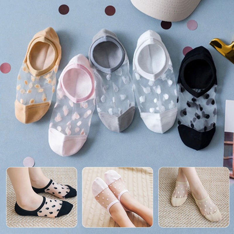 Chaussettes invisibles en dentelle pour femmes, 1 paire, en verre cristal, en soie, sans spectacle, tricot, bas Transparent, courtes, été