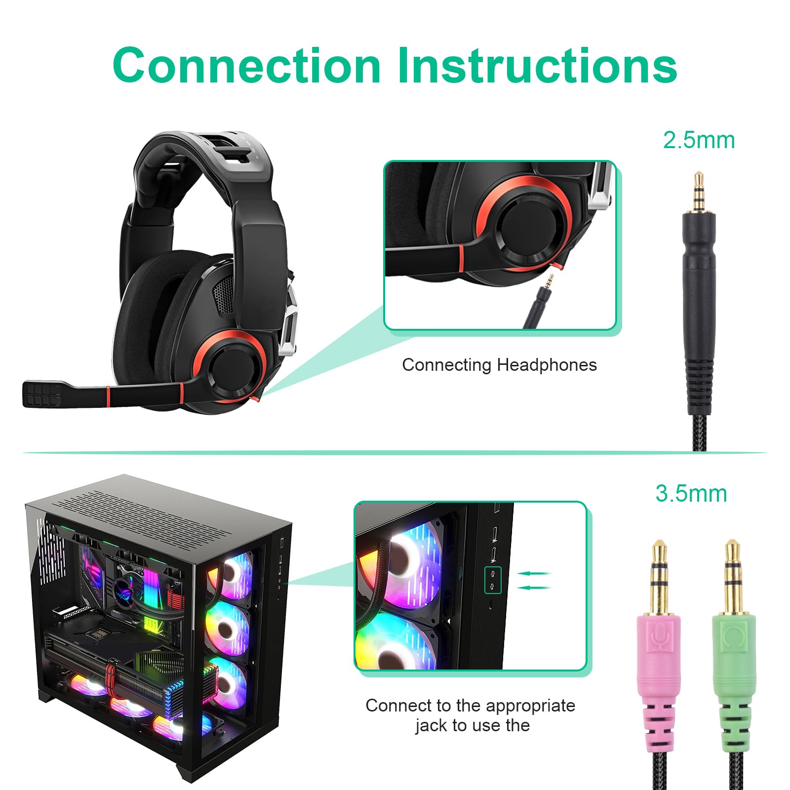 Ersatz gsp600 Kabel Audio--Kabel kompatibel mit Sennheiser Spiel eins, Spiel Null, gsp 500, gsp 600 Spielen-Kopfhörer (schwarz)