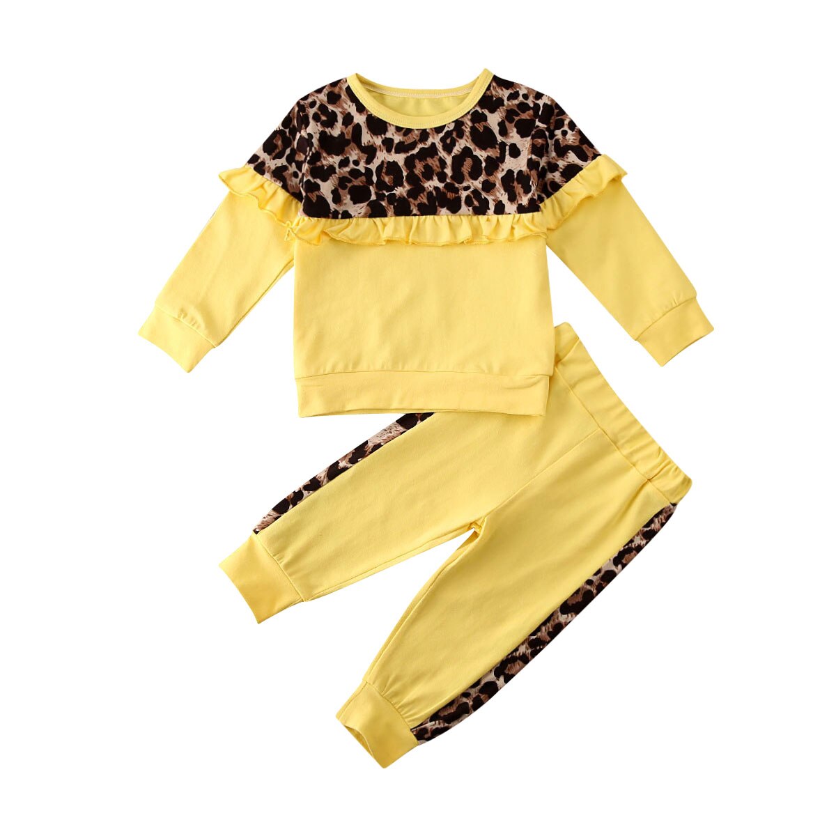 1-6Y Kids Baby Girl Autumn Clothes Sets Long Sleeve Leopard Print Pullover Ruffle Tops Leggings Pants Outfit Set: Yellow / 5T