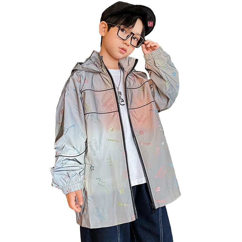 Spring Reflective Hoodies Coat Hip Hop Luminous Jacket Night Reflective Sports Outerwear Kid Boy Graffiti Casual Street Wear