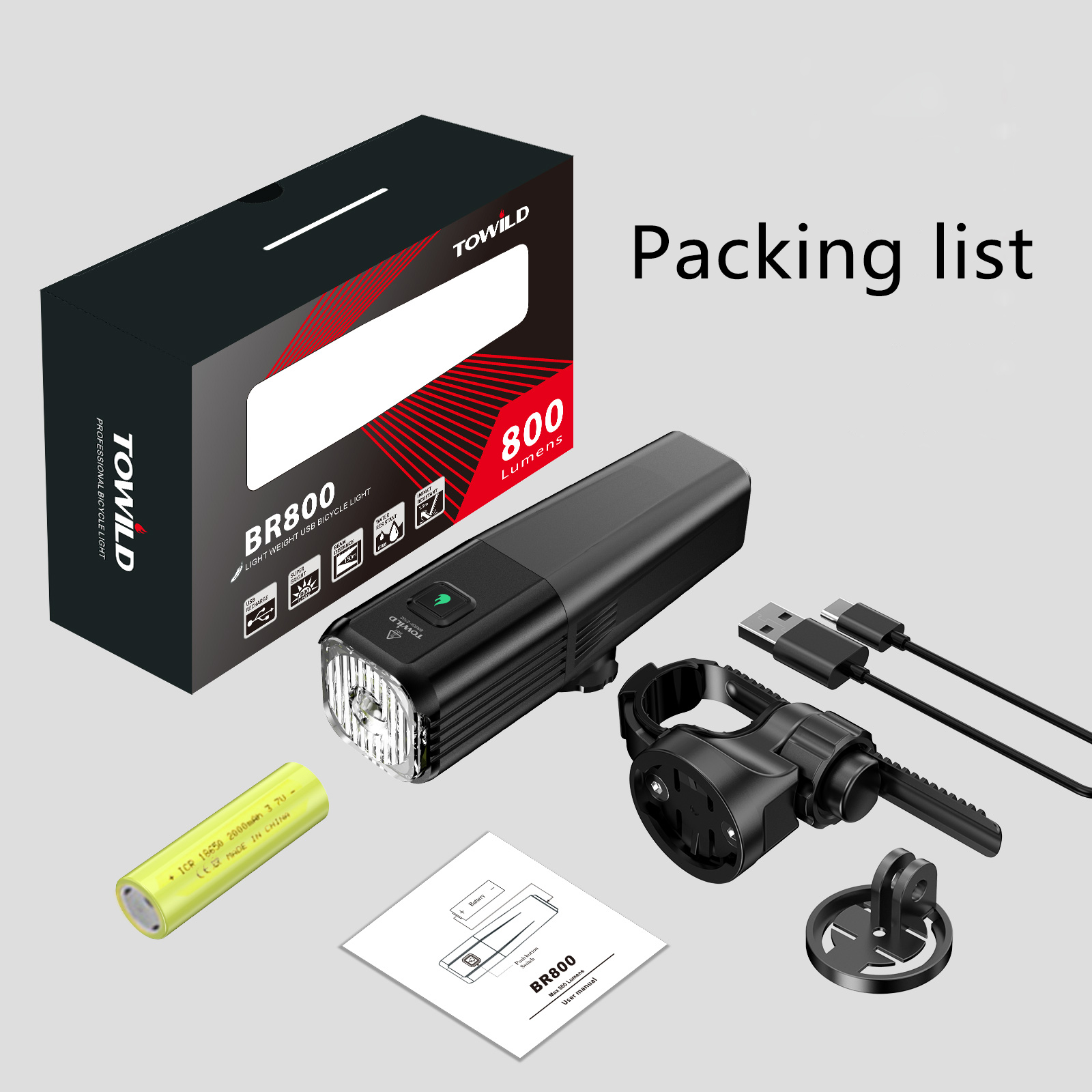 TOWILD BR800 Fahrradlicht mit Rücklicht, USB wiederaufladbar, LED, MTB, Frontlampe, Scheinwerfer, Aluminium, Taschenlampe, Fahrradlicht