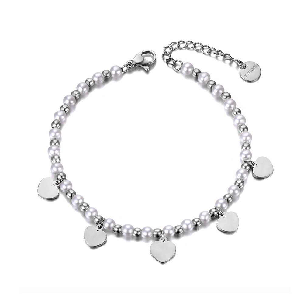 Lokaer Rvs Gesimuleerde Pearl Heart Charm Armbanden Voor Vrouwen Meisjes Bohemen Cz Crystal Chain & Link Armband B20092: Staal Kleur