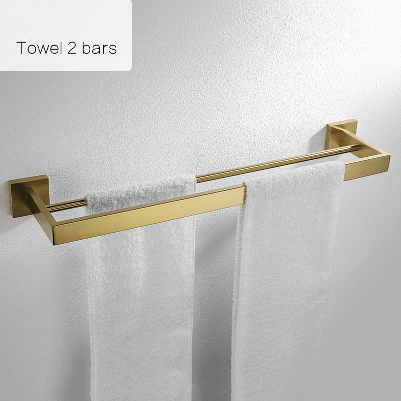 Juego de accesorios dorados para baño Barra de toallas de acero inoxidable 304, soporte de papel higiénico, estante para toallas, gancho, jabonera, cepillo para inodoro: towel 2 bar