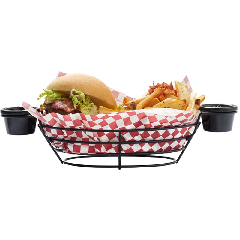 Non-stick beläggning svart järn oval serveringskorg med 2 st såskoppar bröd salladstårta hamburgare kyckling snackställ restaurang