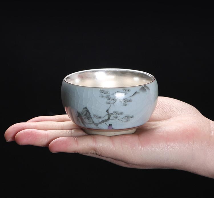 110ml 999 taza de té de plata pura hecha a mano de cerámica pintada a mano maestro pequeño cuenco taza de té de colección