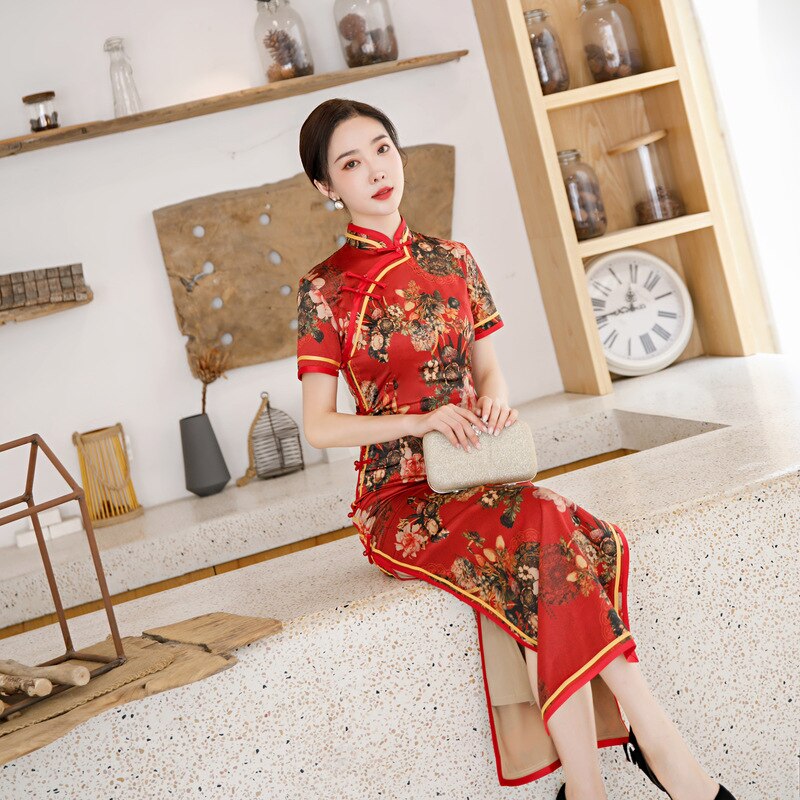 Chinese Qipao Mandarin Collar High-Split Red Cheongsam Short-Sleeve Vintage Stage Show Dress For Women Plus Size 3XL 4XL