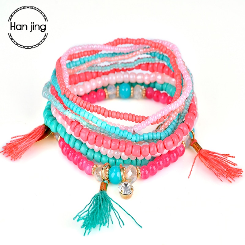 Ethnic Bohemian Tassel Beach Charm Bracelets For Women Boho Multilayer Beads Crystal Beaded Jewellery Bracelet Set Femme