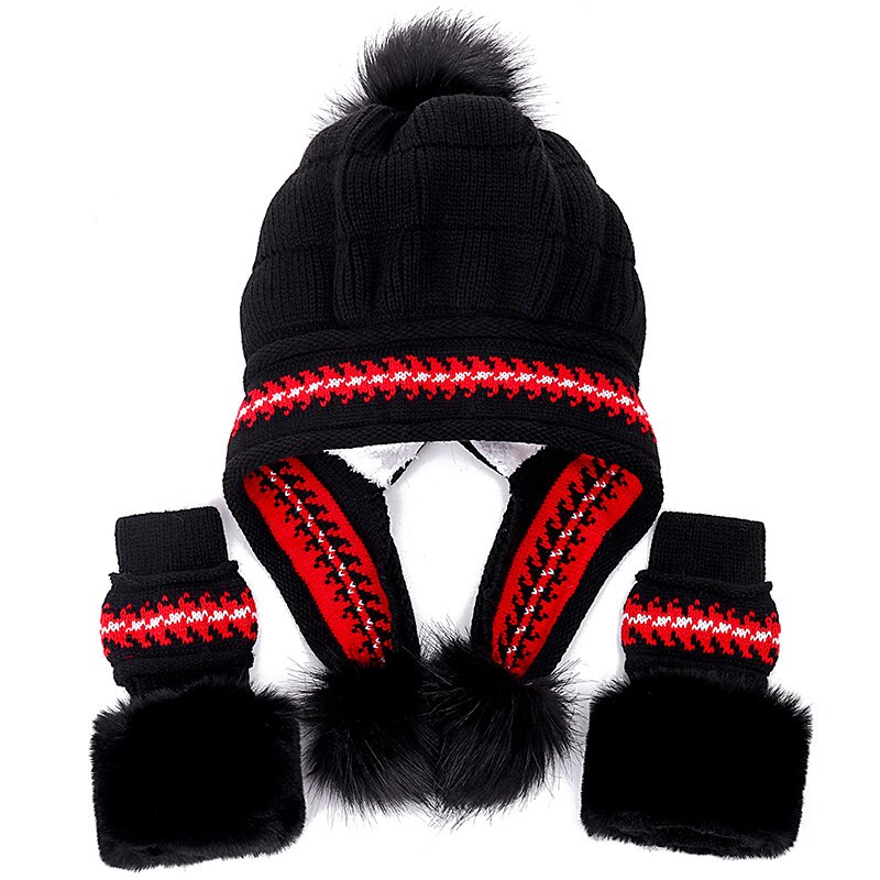 Kvinders vinterhue kvindelig tilføj pelsfor strikket hat med handsker sæt pompoms bold beanie cap piger tyk varm beanie hat: Sort