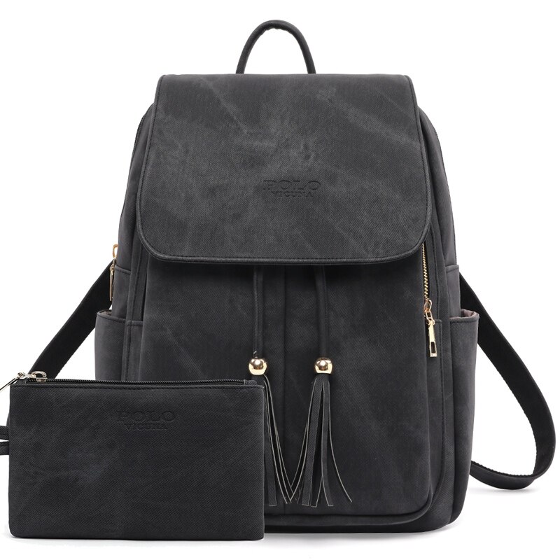 VICUNA POLO Large Capacity Womens Backpack Set With Clutch Wallet Leather Ladies Backpack Bag rucksack mochila: Black