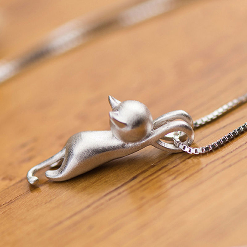 Cute Silver Cat Pendant Necklace Trendy Tiny Cat Dog Pet Animal Long Chain Necklace For Women Girl Charm Jewelry Birthday