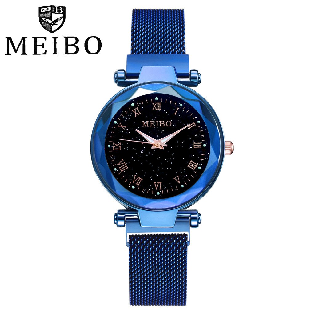 Luxe Horloges Vrouwen Sterrenhemel Platte Glas Zegarek Quartz Horloge Klok Mujer Mesh Met Magnetische Gesp Dames Horloge: Blauw