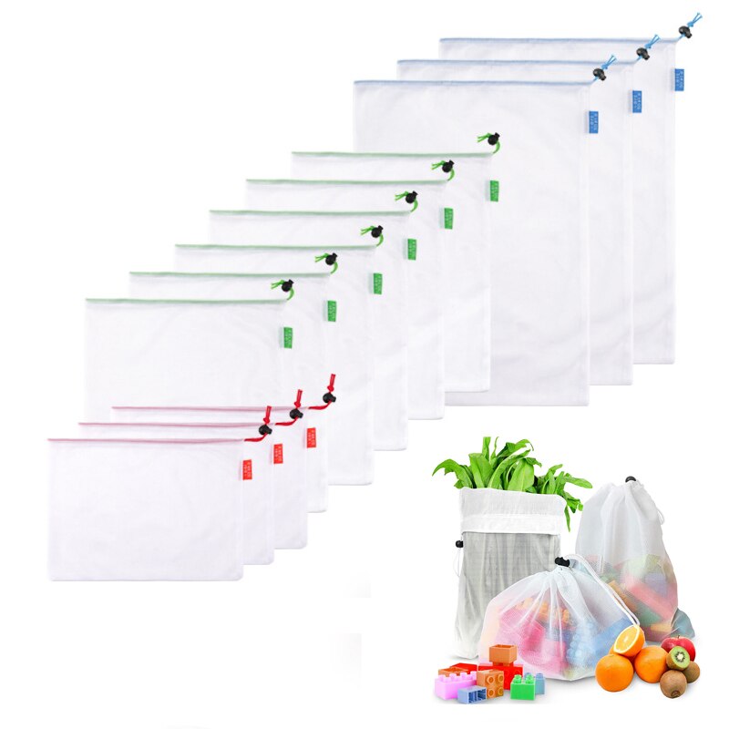 5pcs/pack Eco Friendly Mesh Fruit Vegetable Bags Reusable Produce Bags for Kitchen Supermarket Store Storage Bag with Drawstring