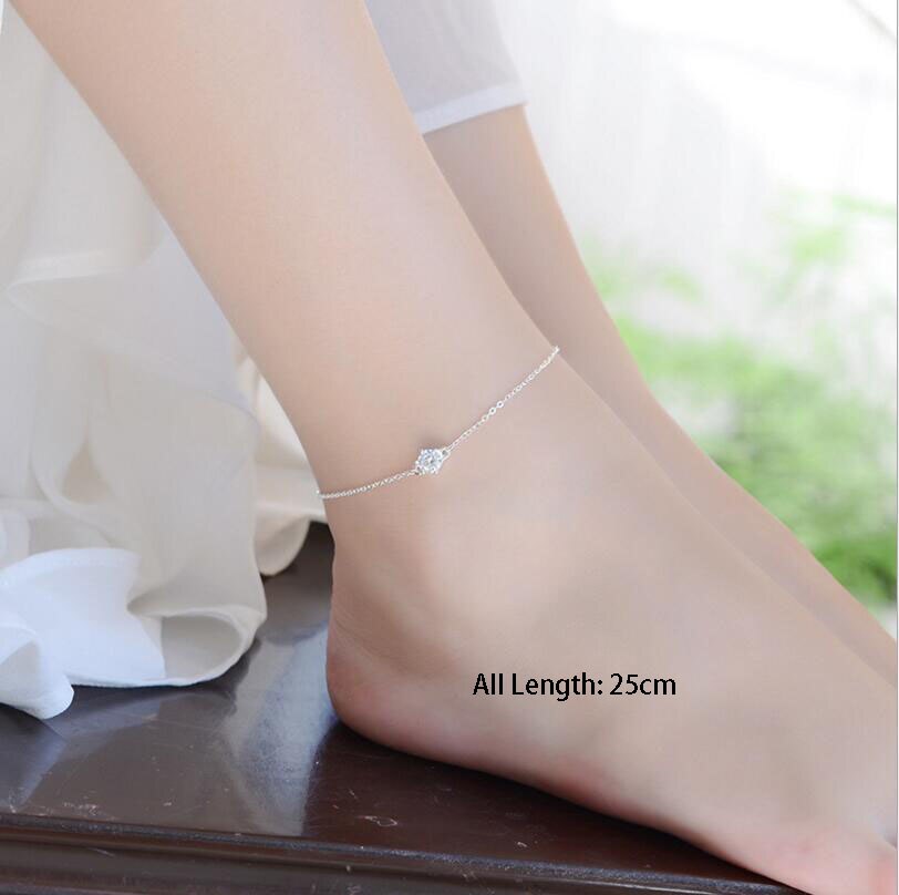 Anenjery Eenvoudige Zilveren Kleur Enkelbandje Armband Voor Vrouwen Super Glanzend Zirkoon Chian Armband Sieraden S-B133: anklet  25cm