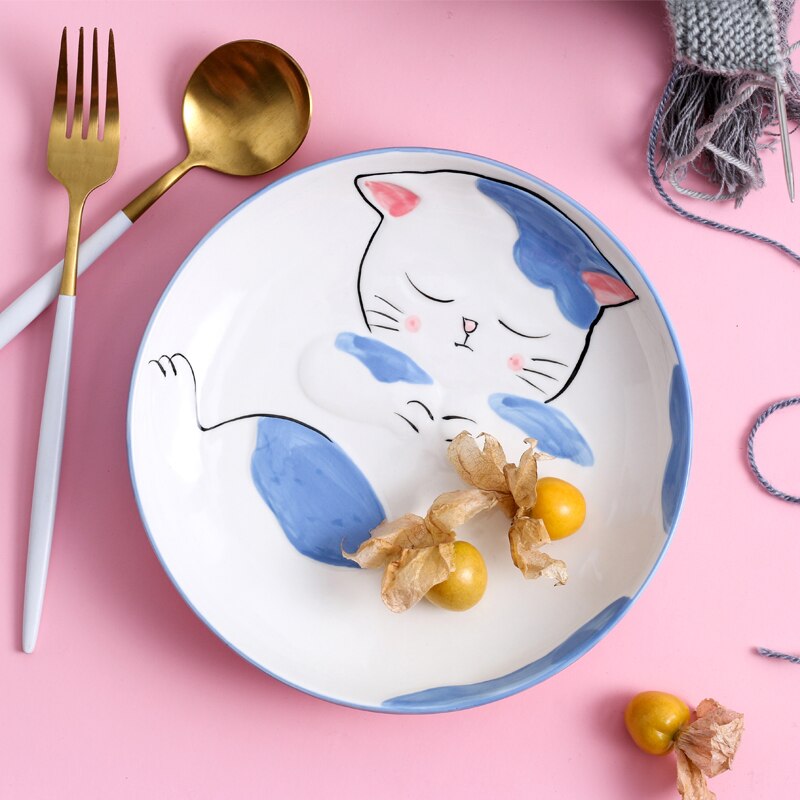 Placa de cerâmica dos desenhos animados gato prato prato prato casa ocidental criativo steat prato café da manhã redonda jantar utensílios de mesa