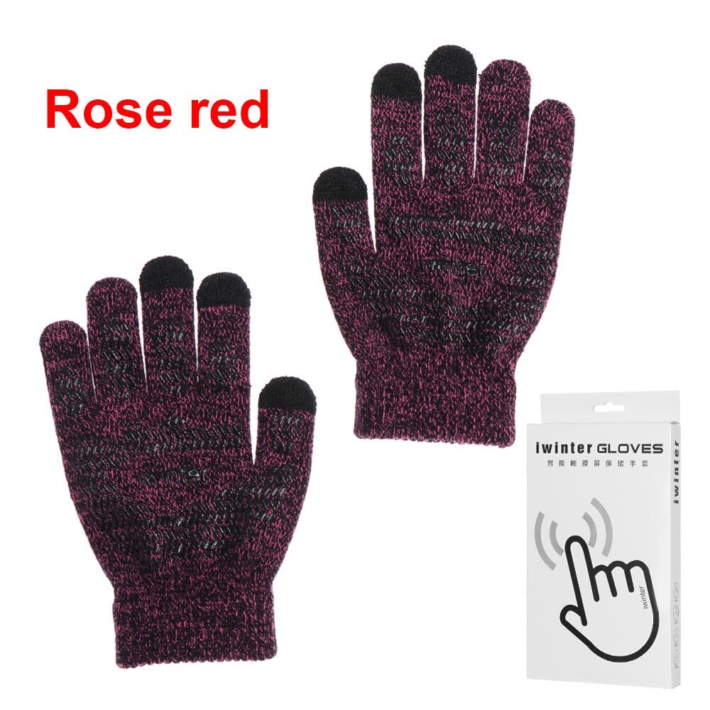 Touch Screen Gloves Sport Cycling Full Finger Mittens Thick Plush Autumn Winter Thick Warm Knitted Wool Mitts: rose red / Women