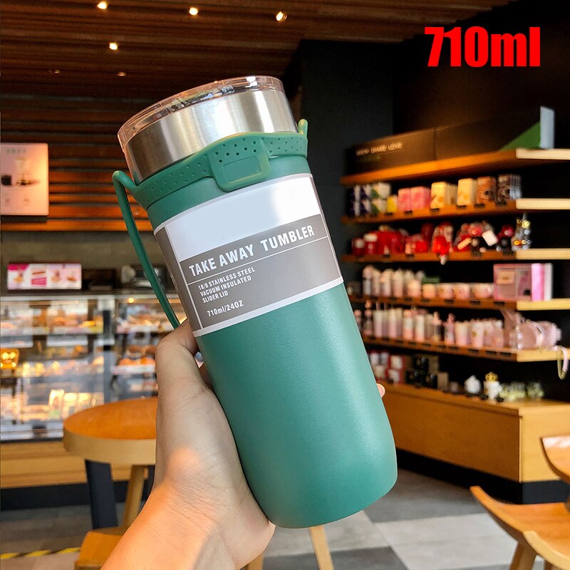 Portable Vacuum Flask Stainless Steel Water Cup Personality Large-Capacity Coffee Cup JU8: 710ml green
