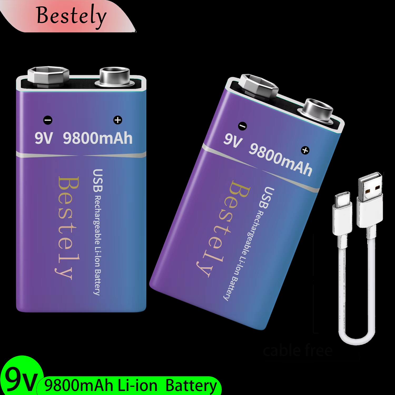 9V oplaadbare lithiumbatterij, 9800mAh langdurige 9v Li-ionbatterijen met kabel, voor rookmelder, alarmen, microfoon