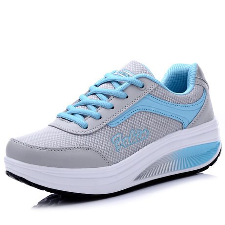 Walking Shoes Mesh Breathable Ladies High Shoes Outdoor Brand Lace-up Shoes Platform Wedge Heels Sneaker Women Shake Shoes: Gray blue / 40