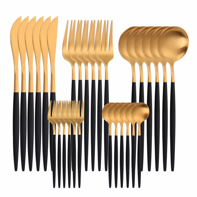 30 Pcs Matte Flatware Tableware Fork Knive Spoon Stainless Steel White Golden Cutlery Set Home Kitchen Tableware Set Dinnerware