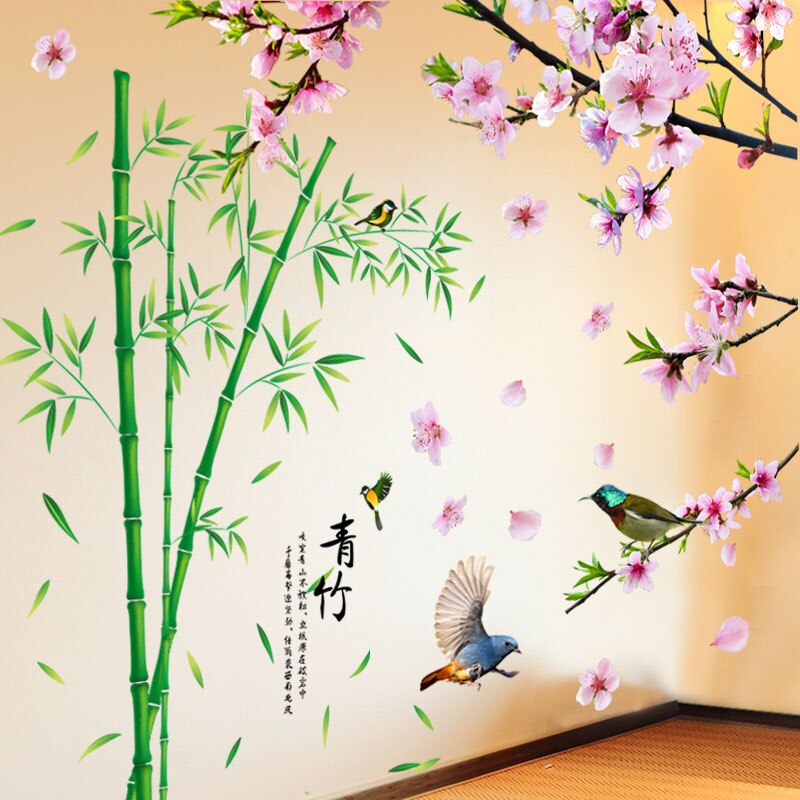Bambou oiseaux Stickers muraux bricolage pêche fleurs Stickers muraux pour salon chambre cuisine décoration de la maison: bamboo and flower