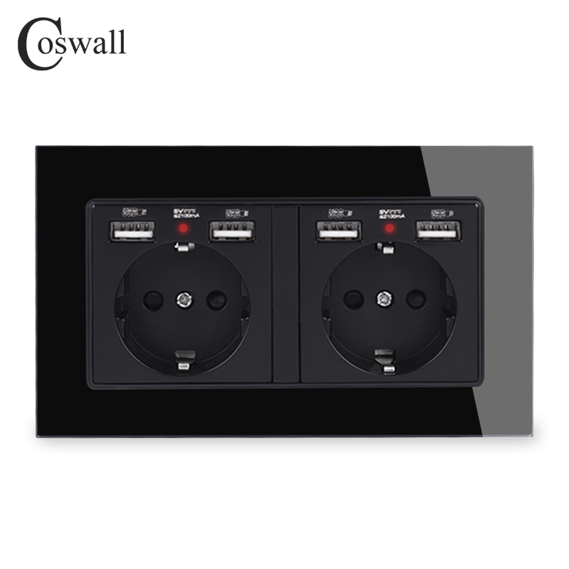 cosmall, 2 grupos, enchufe de pared estándar de la UE de Rusia, España con 4 puertos de carga USB, Panel de cristal con indicador LED suave oculto