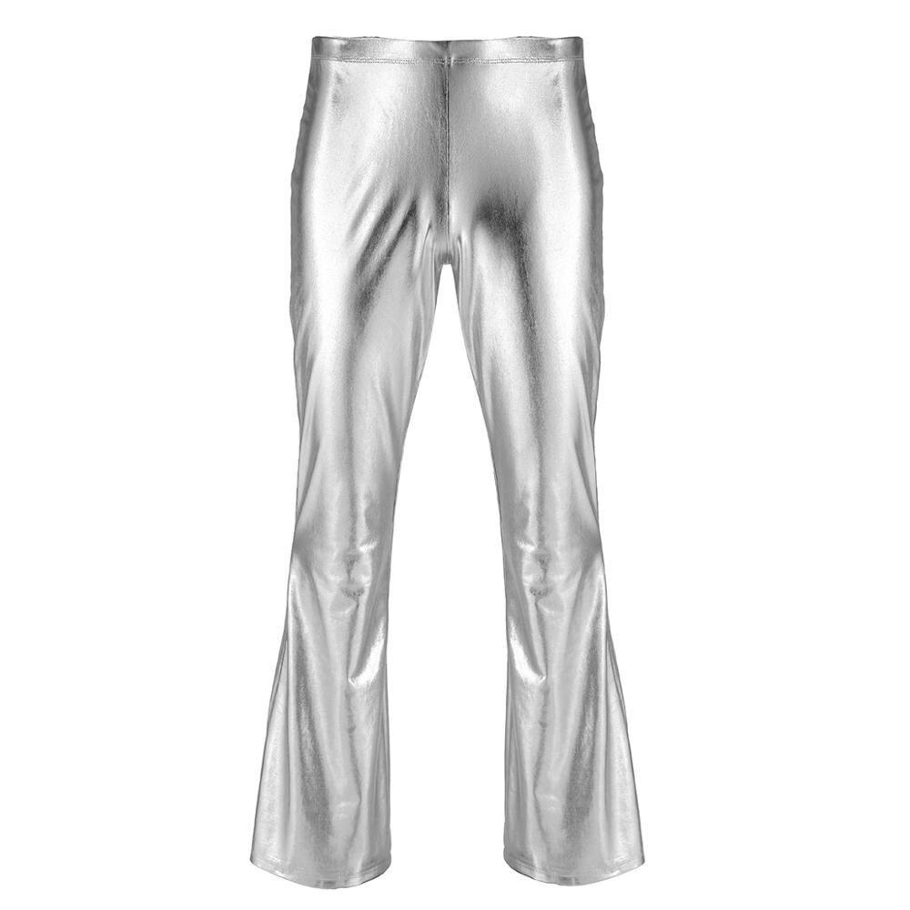 Pantalon de soirée pour homme, vêtement de soirée, brillant, métallique, Disco, avec fond de cloche, évasé, Long, Costume: XL / Silver